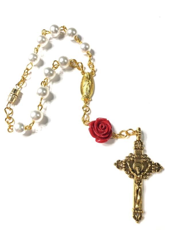 Handmade White Red Rose One Decade Catholic Car Rosary Rear View Mirror