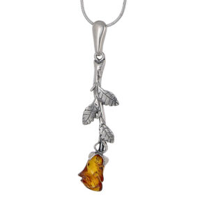 Amber rose necklace – carved rosebud and sterling silver stem