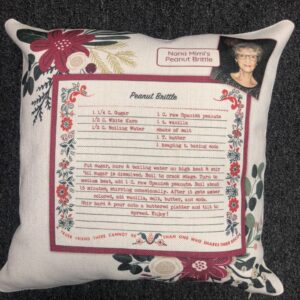 Personalized Recipe pillow features handwritten/typed recipe