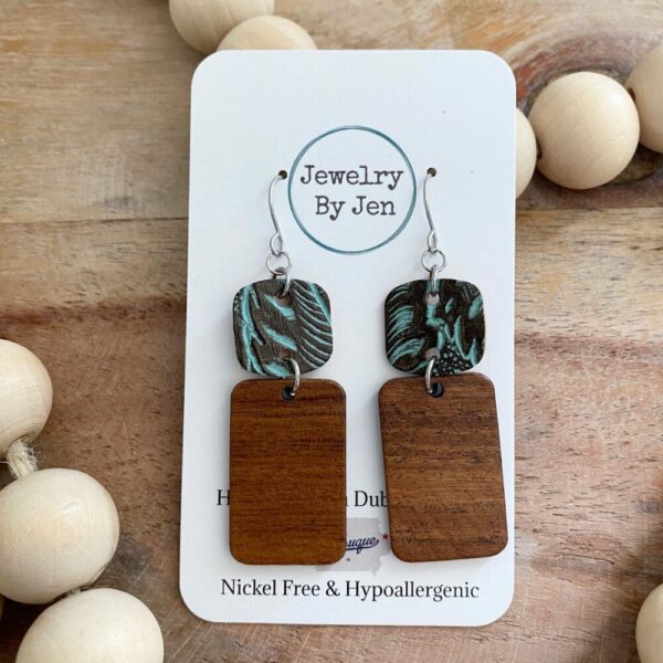 Walnut Rectangle w/Turquoise Brown Tooled Square Earrings