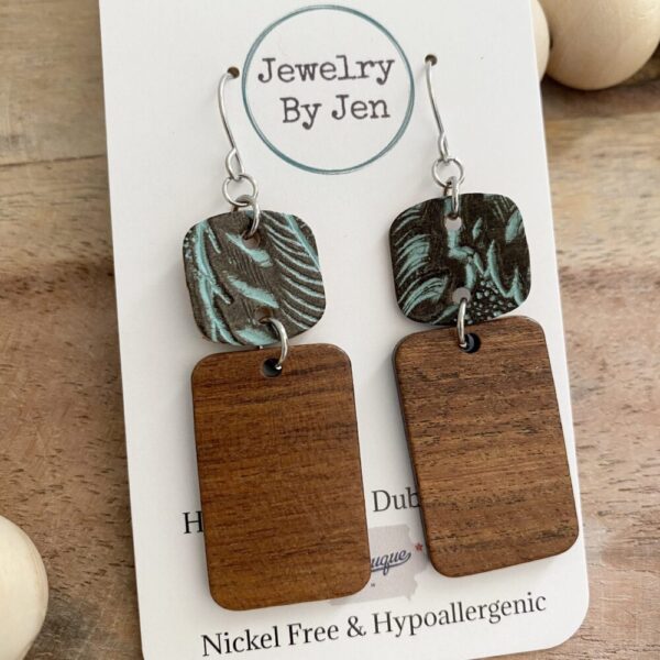 Walnut Rectangle w/Turquoise Brown Tooled Square Earrings