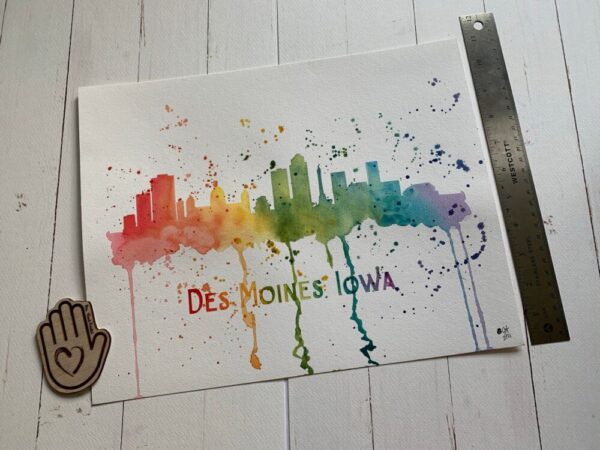 Des Moines, Iowa Rainbow Watercolor Skyline Painting