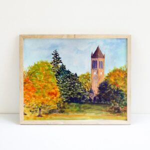 Iowa State Campanile at Autumn Watercolor Landscape – Fine Art Print