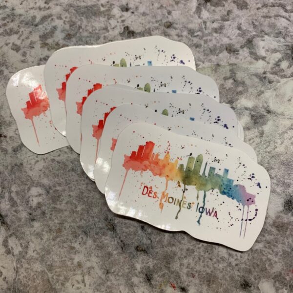 Watercolor “Des Moines” Skyline Rainbow Splatter Sticker