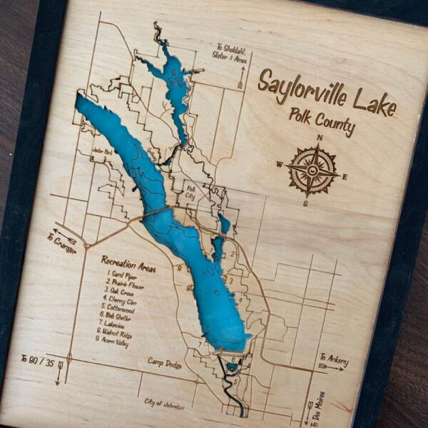 Laser Cut Engraved Wood Lake Map – Saylorville Lake, Des Moines, Iowa
