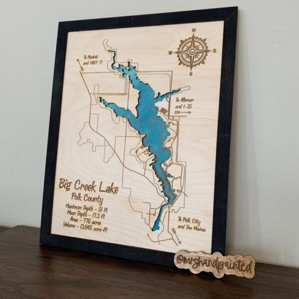 Laser Cut Engraved Wood Lake Map – Big Creek Lake Map – Polk County Des Moines Iowa