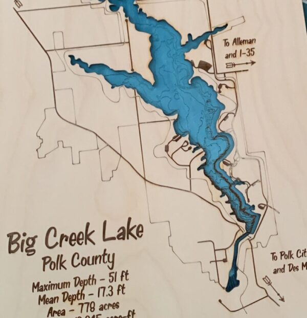 Laser Cut Engraved Wood Lake Map – Big Creek Lake Map – Polk County Des Moines Iowa