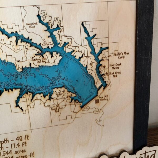 Laser Cut Engraved Wood Lake Map – Rathbun Lake – Appanoose County Iowa