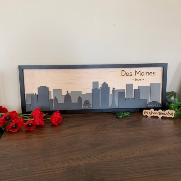 Des Moines, Iowa – City Skyline Layered Sign – Laser Cut Wood Wall Hanging