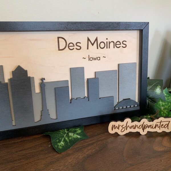 Des Moines, Iowa – City Skyline Layered Sign – Laser Cut Wood Wall Hanging