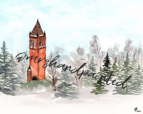 Iowa State Campanile Watercolor Winter Landscape – Giclee Print – Fine Art Reproduction size 8×10″