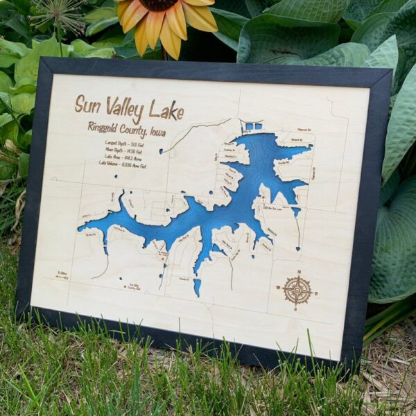 Laser Cut Engraved Wood Lake Map – Sun Valley Lake – Ringgold County Iowa