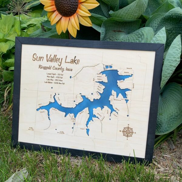 Laser Cut Engraved Wood Lake Map – Sun Valley Lake – Ringgold County Iowa