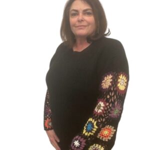 Granny Square Crocheted Sleeve Sweater – Black