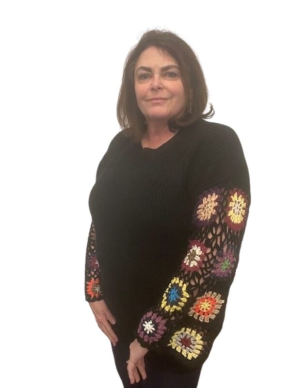 Granny Square Crocheted Sleeve Sweater – Black