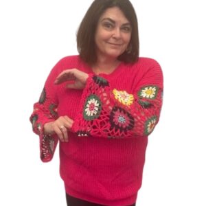 Granny Square Crocheted Sleeve Sweater – Fuchsia