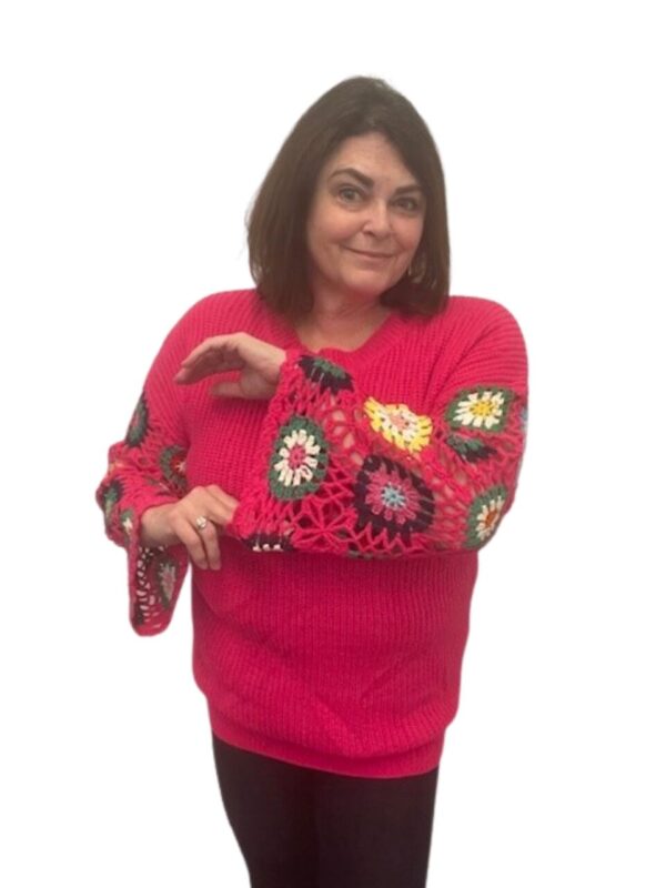 Granny Square Crocheted Sleeve Sweater – Fuchsia