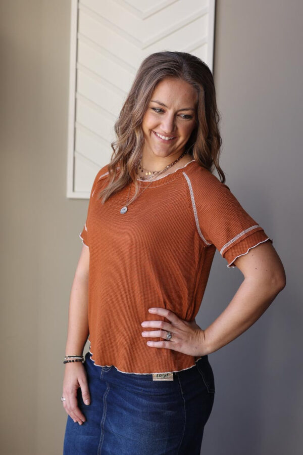 Apricot Contrast Seam Waffle Top