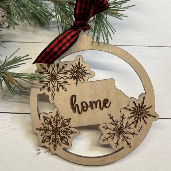 Iowa “home” Christmas Ornament with Snowflakes Laser Engraved Wood