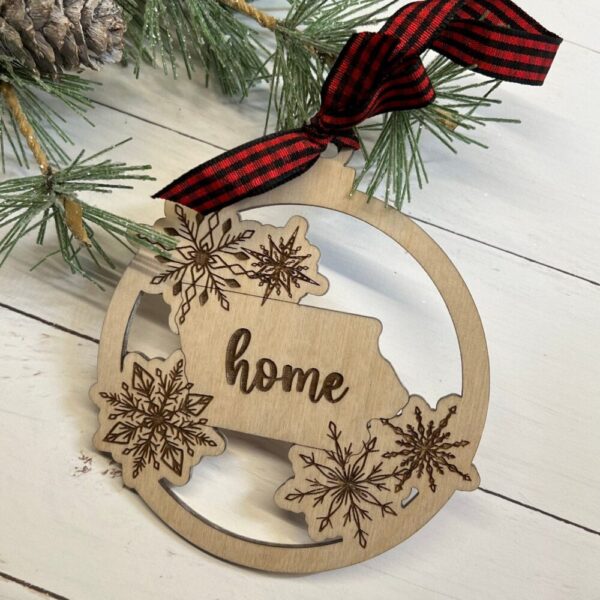 Iowa “home” Christmas Ornament with Snowflakes Laser Engraved Wood