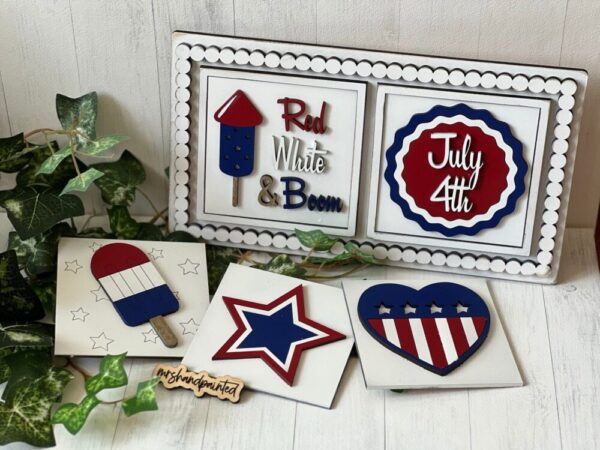 Independence Day / 4th of July Leaning Ladder Interchangeable Signs – Laser Cut Wood Painted