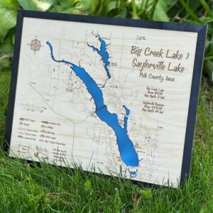 Laser Cut Engraved Wood Lake Map – Saylorville Lake and Big Creek Lake – Des Moines Iowa