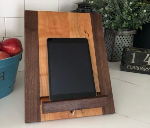 Adjustable Wooden Cookbook/iPad Stand – Cherry Wood and Black Walnut