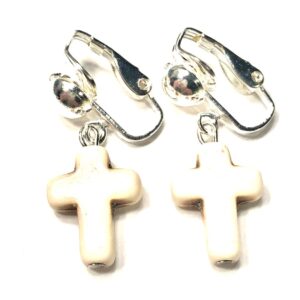 Handmade Clip-On Off White Cross Earrings Women Religious Gift