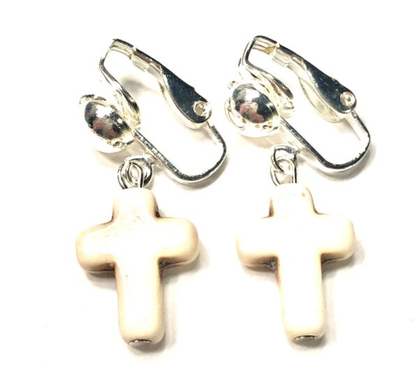 Handmade Clip-On Off White Cross Earrings Women Religious Gift