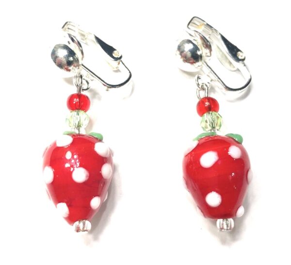Handmade Clip-On Red White Polka Dot Strawberry Glass Earrings Women Gift