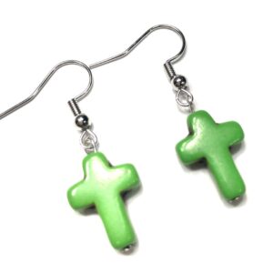 Handmade Green Cross Earrings Women Religious Gift