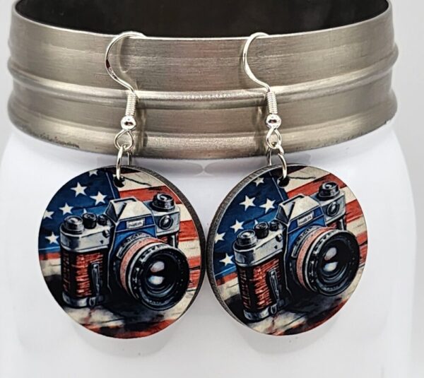 Camera American Flag Wooden Earrings Double Sided Design Handmade Hypoallergenic Silver