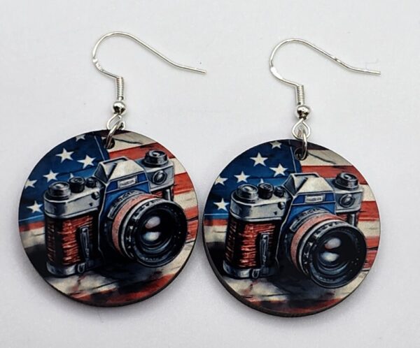 Camera American Flag Wooden Earrings Double Sided Design Handmade Hypoallergenic Silver
