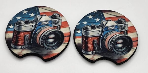 Car Coasters Set of 2 American Flag Camera Photographer