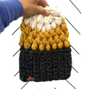 Crochet Puff Stitch Slouch Hat | Charcoal Gray + Mustard + Off White