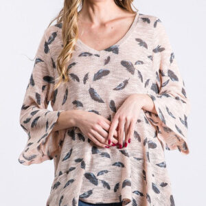 Feather Print Knit Tunic Top With Bell Sleeves
