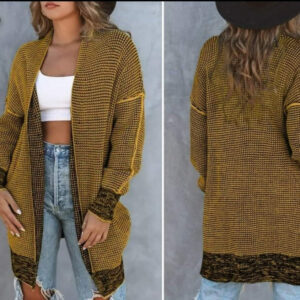 Mustard Chunky Knit Plaid Open Front Cardigan