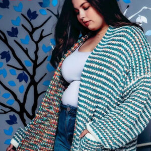 PLUS SIZE CHENILLE RAINBOW STRIPED CARDIGAN IN TEAL