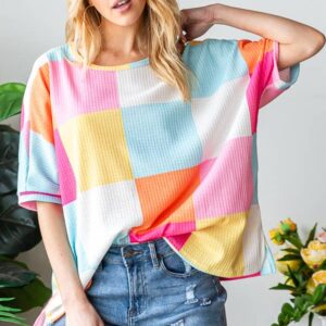 Spring Summer Colorful Checkered Top with Slits