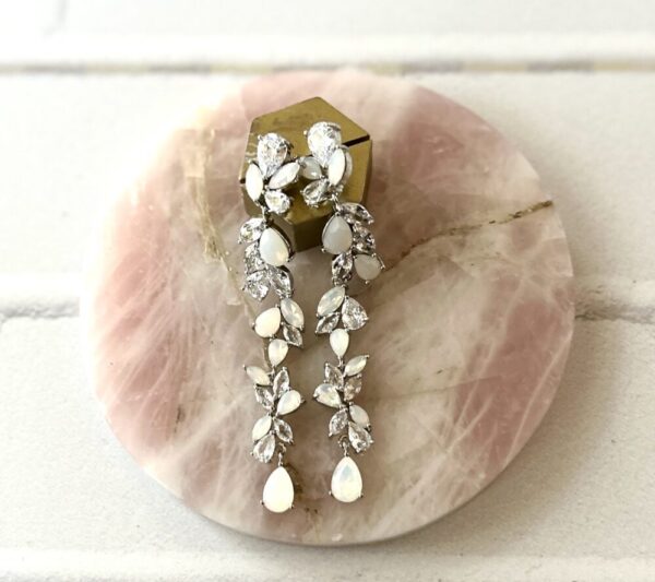 Cubic Zirconia and Opal Long Statement Dangle Earrings