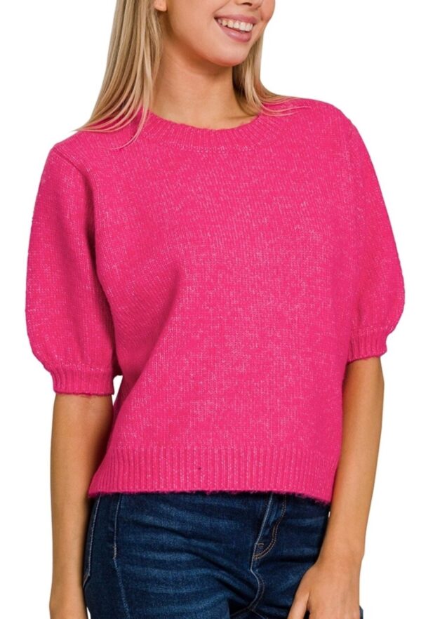 Melange Puff Short Sleeve Round Neck Sweater – Pink