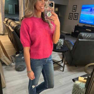 Melange Puff Short Sleeve Round Neck Sweater – Pink