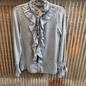 Denim Ruffled Button Down Long Sleeve Top