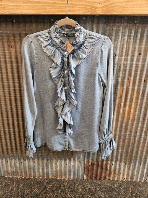 Denim Ruffled Button Down Long Sleeve Top