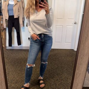 She’s So Basic V Neck Long Sleeve Tee in Grey