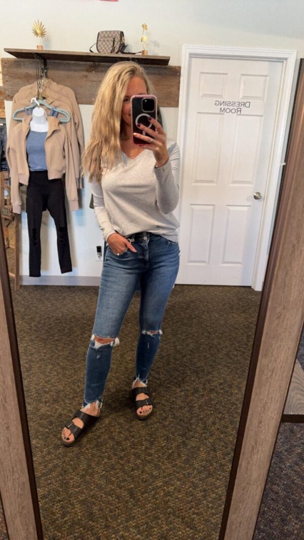 She’s So Basic V Neck Long Sleeve Tee in Grey