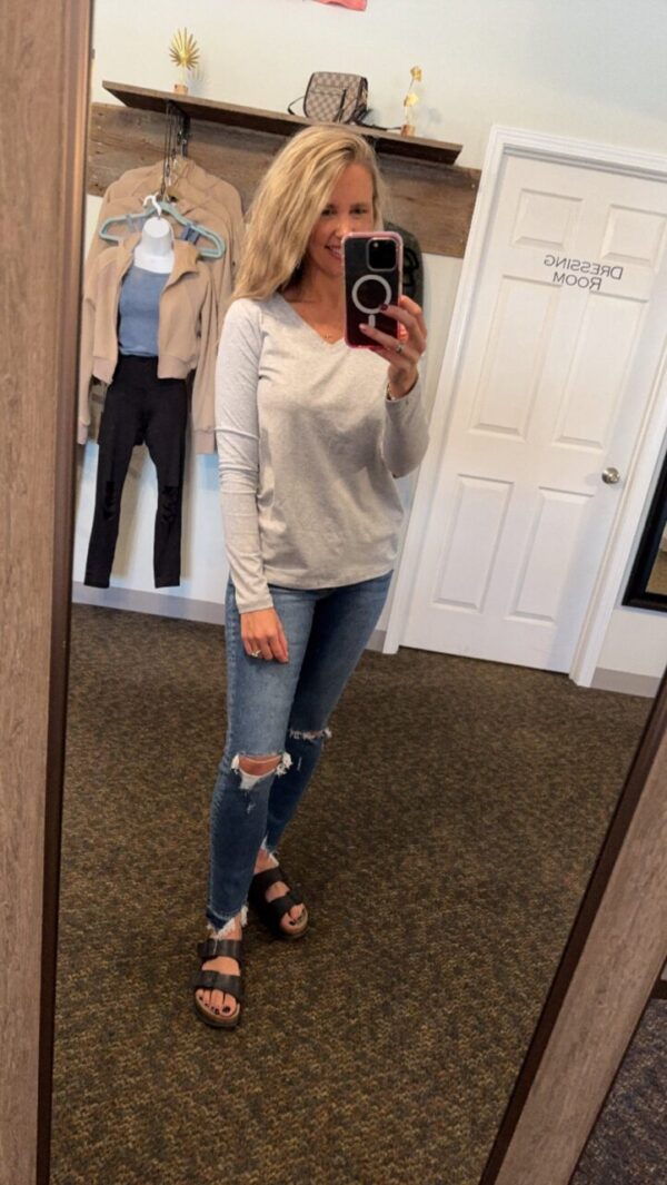 She’s So Basic V Neck Long Sleeve Tee in Grey