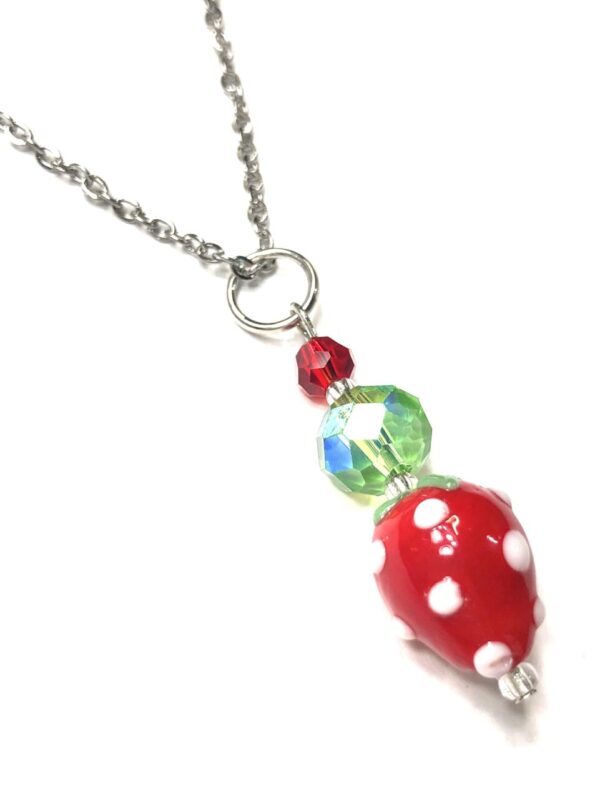 Handmade Strawberry Green Red Polka Dot Pendant Necklace Women Gift Summer