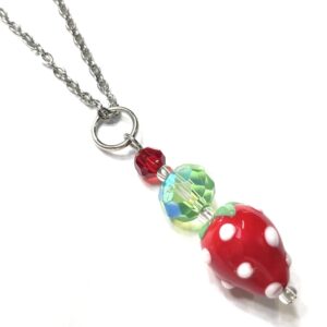 Handmade Strawberry Green Red Polka Dot Pendant Necklace Women Gift Summer