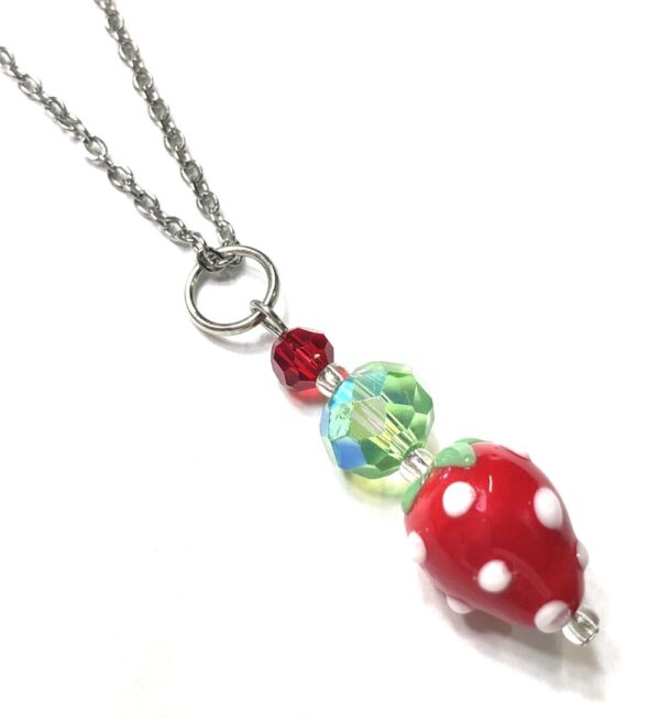 Handmade Strawberry Green Red Polka Dot Pendant Necklace Women Gift Summer